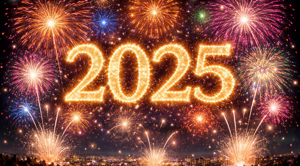 Flugeldar. Ártalið 2025 sést á miðri mynd